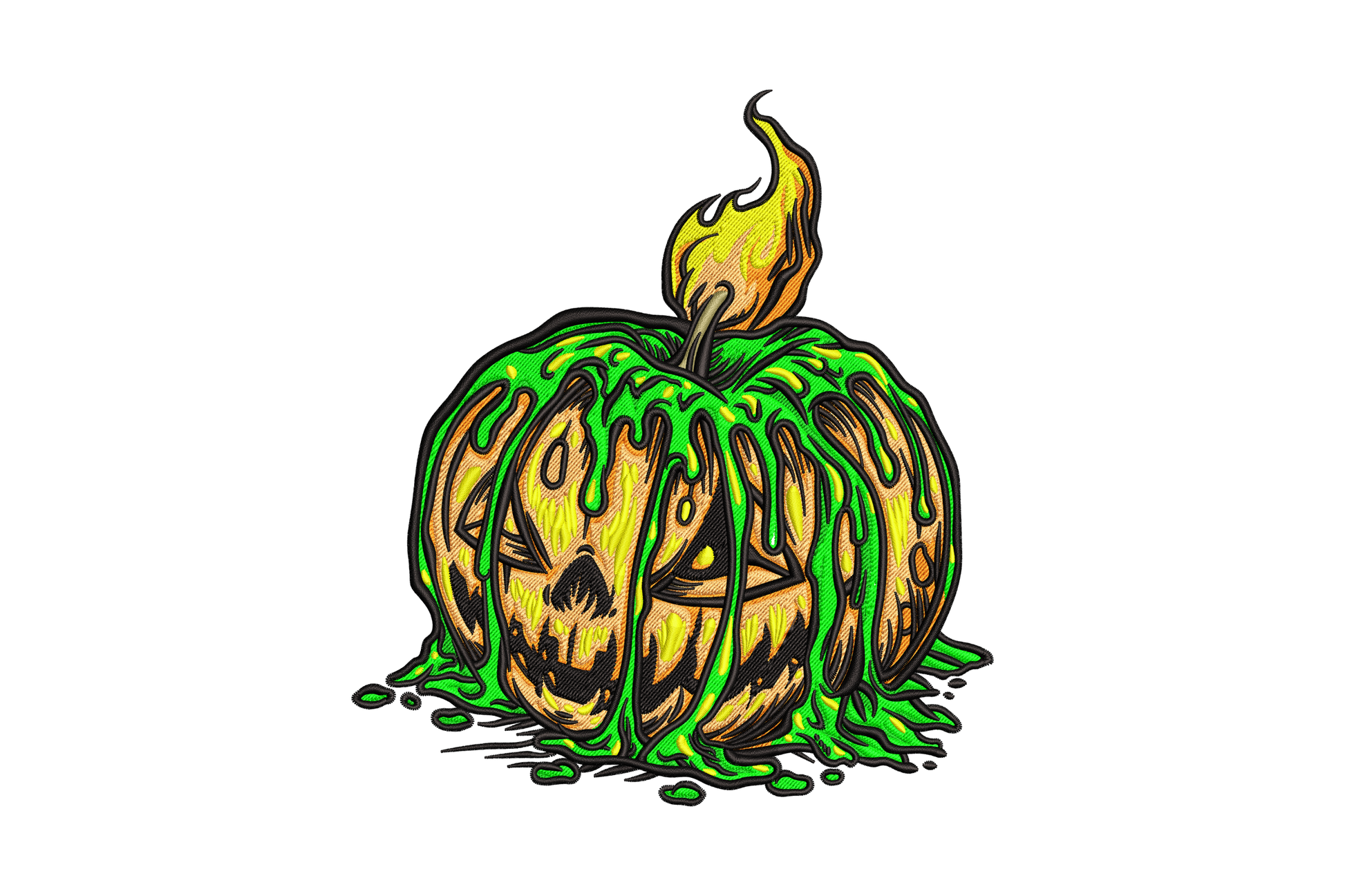 Halloween jack-o-lantern embroidery with carved evil face, neon green slime drips and orange flame on top in 7 colours.