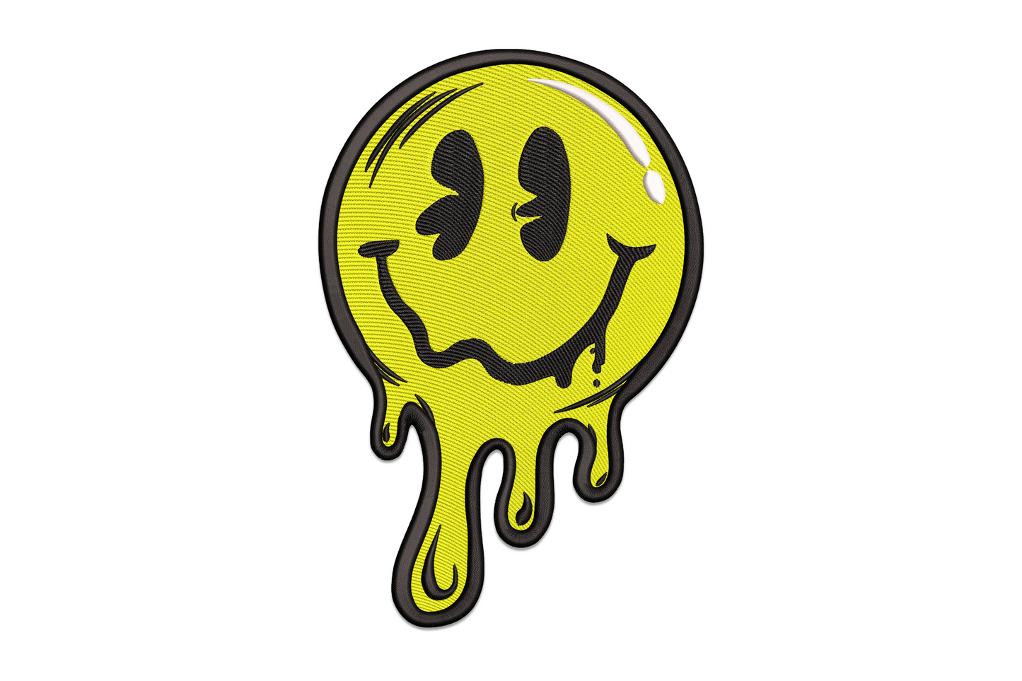 Melting smiley face embroidery design with neon yellow face and black drip tendrils in y2k streetwear style, 5 sizes.