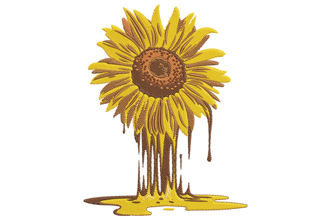 Melting sunflower embroidery with golden petals dripping downward, amber streaks pooling at base, deep brown tatami centre.