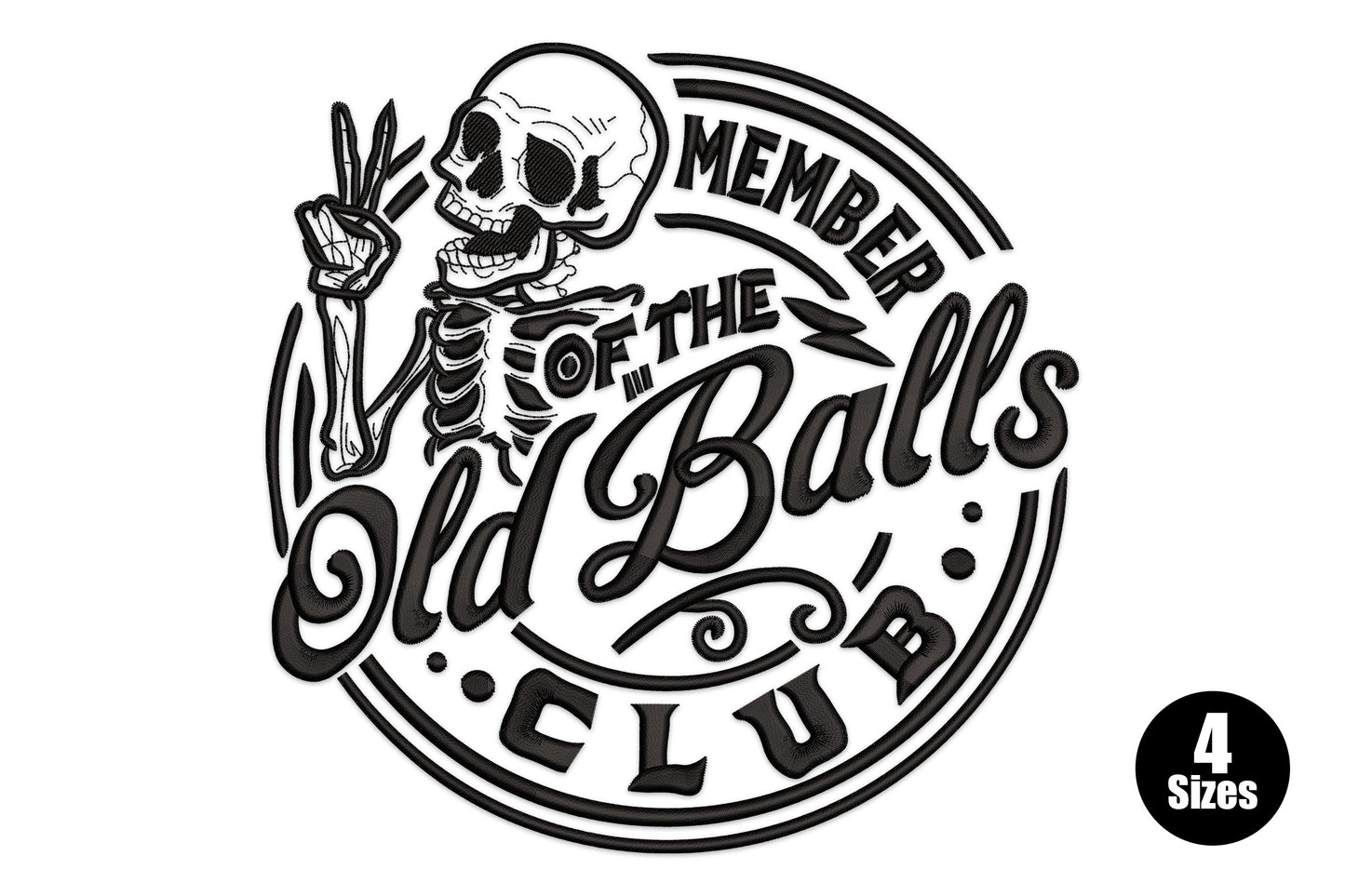 Member of the Old Balls Club embroidery badge, skeleton peace sign, script and block text circle, black thread, 17033 to 29750 stitches