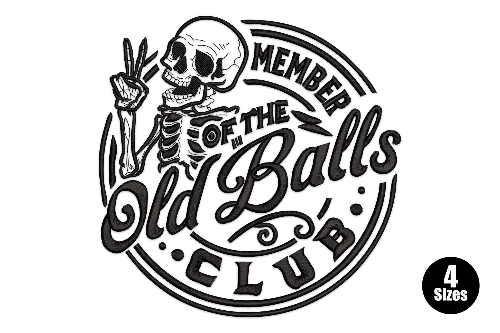 Member of the Old Balls Club embroidery badge, skeleton peace sign, script and block text circle, black thread, 17033 to 29750 stitches