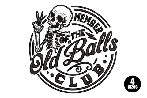 Member of the Old Balls Club embroidery badge, skeleton peace sign, script and block text circle, black thread, 17033 to 29750 stitches