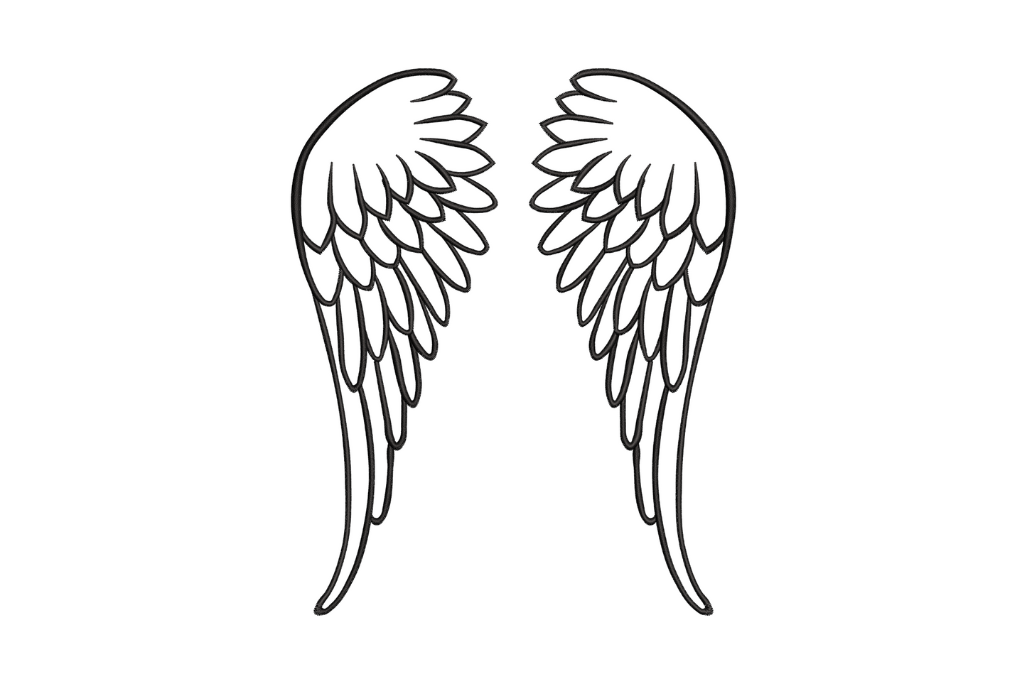 Memorial angel wings outline embroidery design, single color wide open wings with feather detail, 5 sizes from 3.5 to 7.5 inches wide