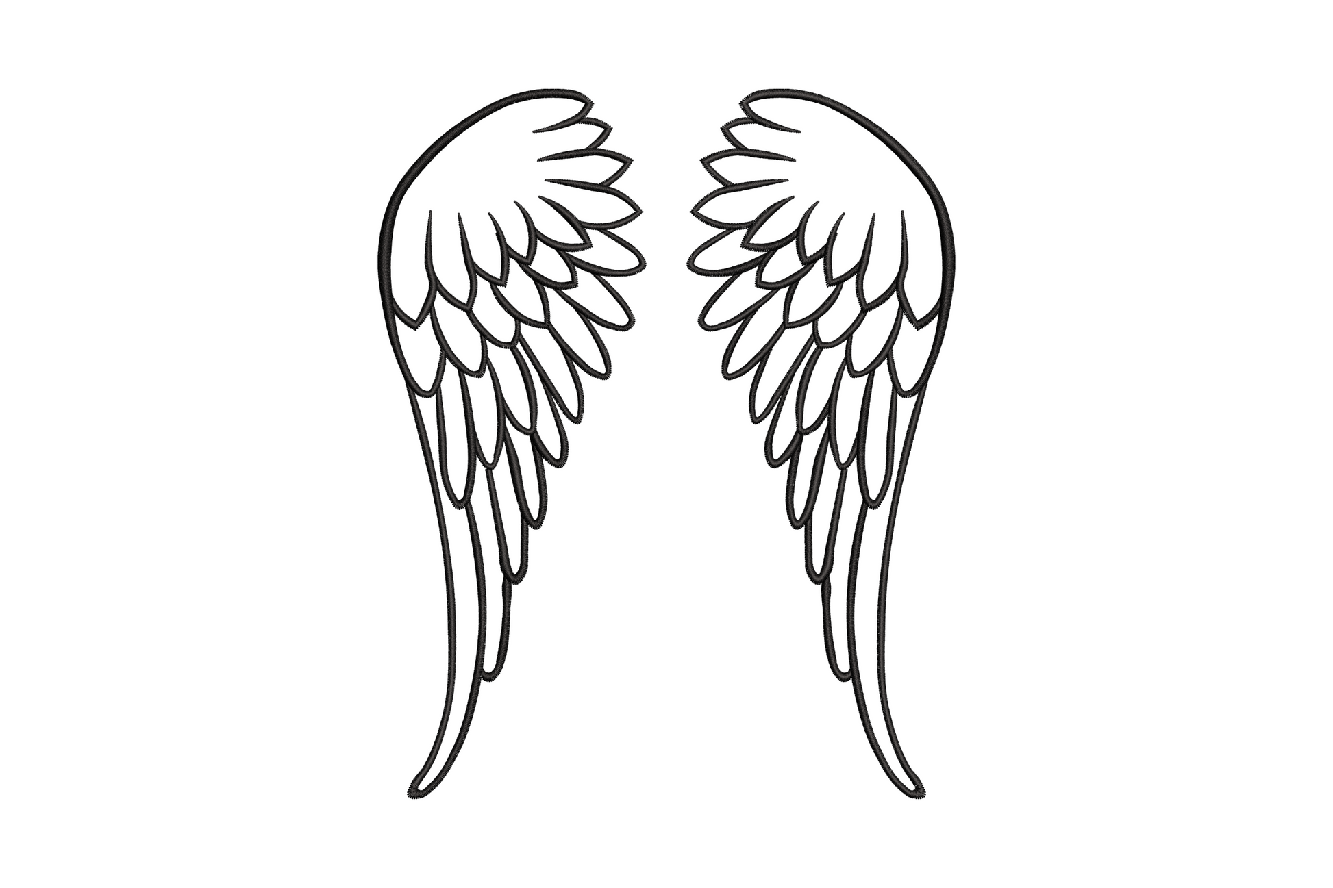 Memorial angel wings outline embroidery design, single color wide open wings with feather detail, 5 sizes from 3.5 to 7.5 inches wide