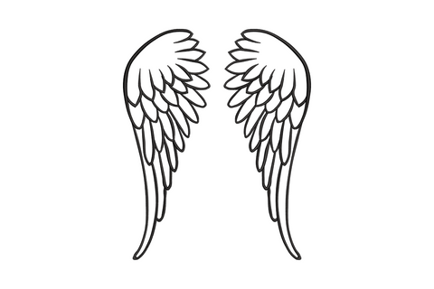 Memorial angel wings outline embroidery design, single color wide open wings with feather detail, 5 sizes from 3.5 to 7.5 inches wide