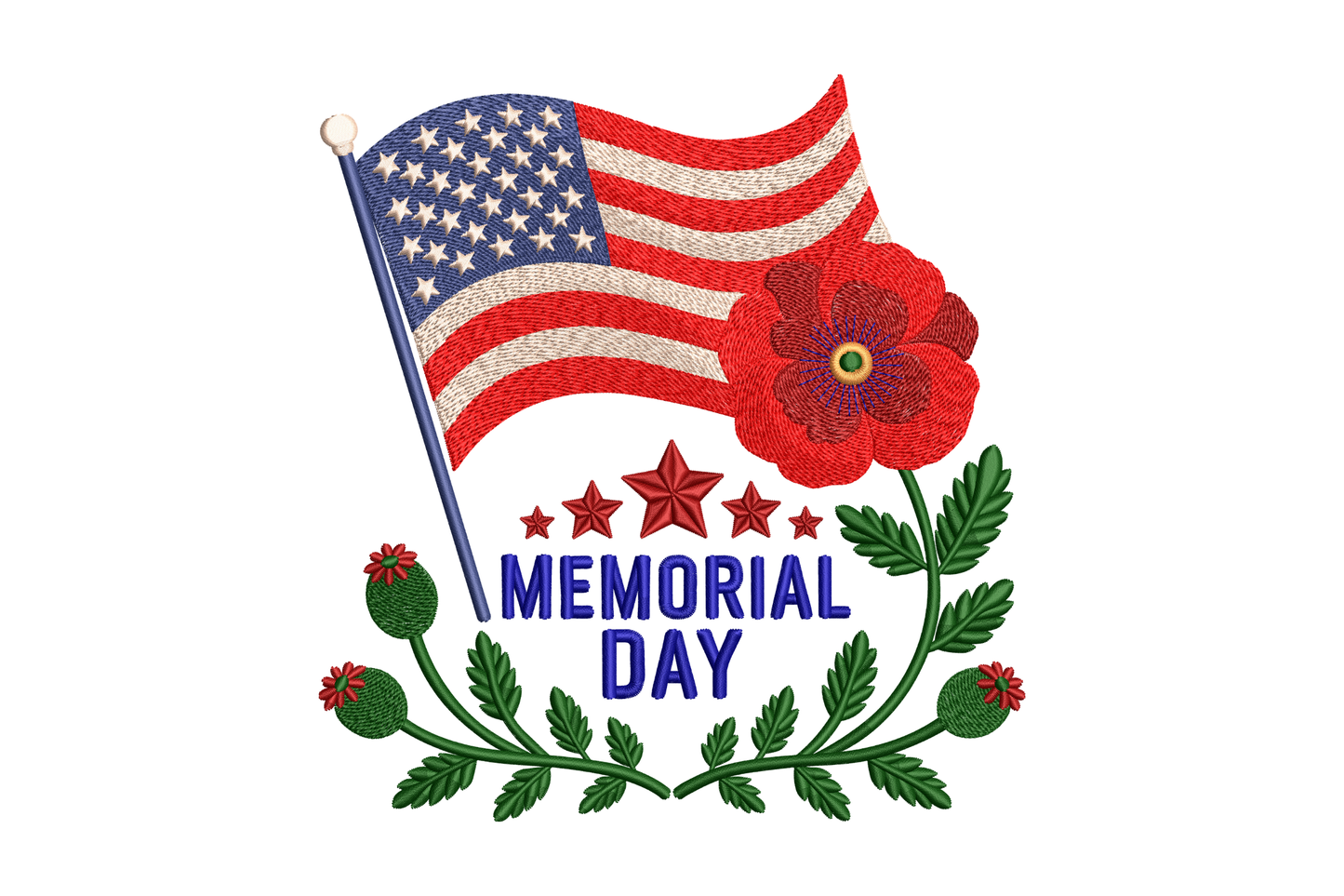 Memorial Day design with American flag, poppies, and stars embroidery design