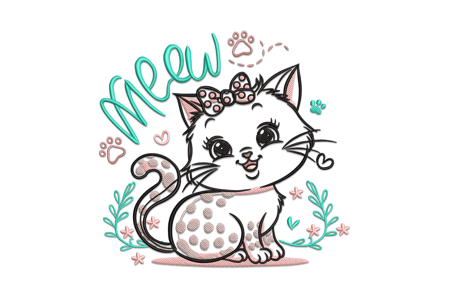 Cartoon kitten embroidery, cream and grey body, oversized round eyes, pink nose, Meow text caption below on white fabric