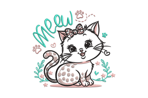 Cartoon kitten embroidery, cream and grey body, oversized round eyes, pink nose, Meow text caption below on white fabric