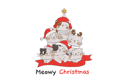 Meowy christmas cats tree embroidery design with stacked cartoon cats forming a tree shape, red and gold baubles, star topper cat, in 8 colours.