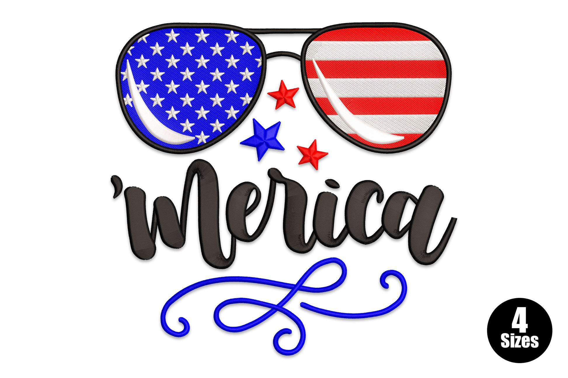 Merica patriotic sunglasses embroidery, stars lens and stripes lens, brush script and star accents in red white blue