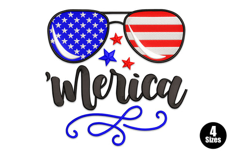 Merica patriotic sunglasses embroidery, stars lens and stripes lens, brush script and star accents in red white blue