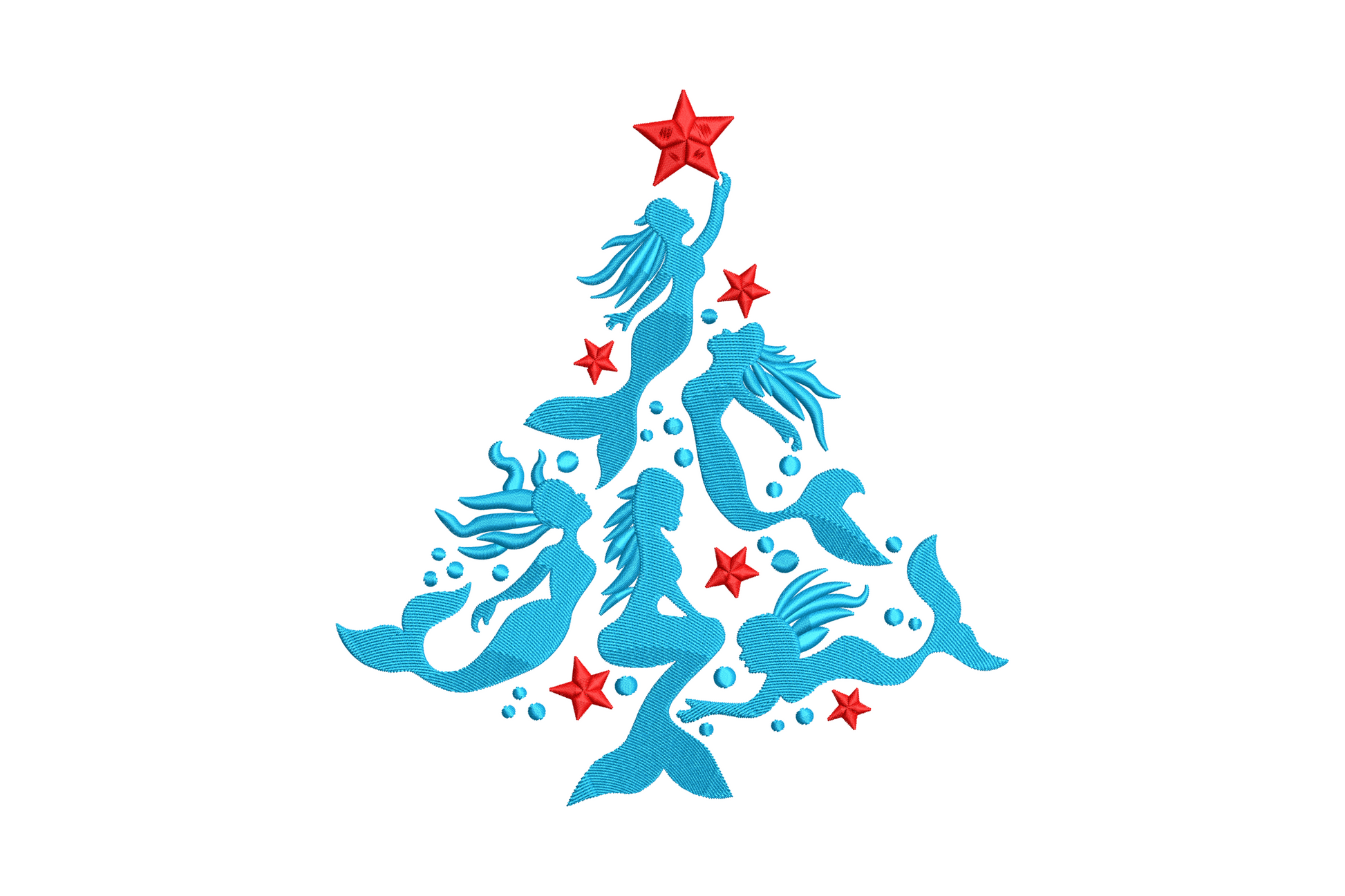 Mermaid christmas tree embroidery in teal and white, tree shape flaring into a mermaid fin base with scale texture fill.