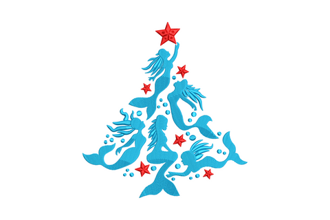 Mermaid christmas tree embroidery in teal and white, tree shape flaring into a mermaid fin base with scale texture fill.
