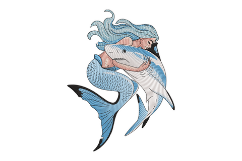 Mermaid hugging a cartoon shark embroidery design, cute whimsical style in teal, coral and grey-blue, seven colours