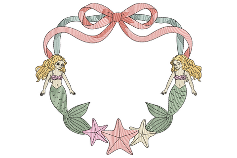Mermaid ribbon frame embroidery design with teal tail, flowing hair, and decorative navy ribbon border in 9-colour illustrative style on white background.