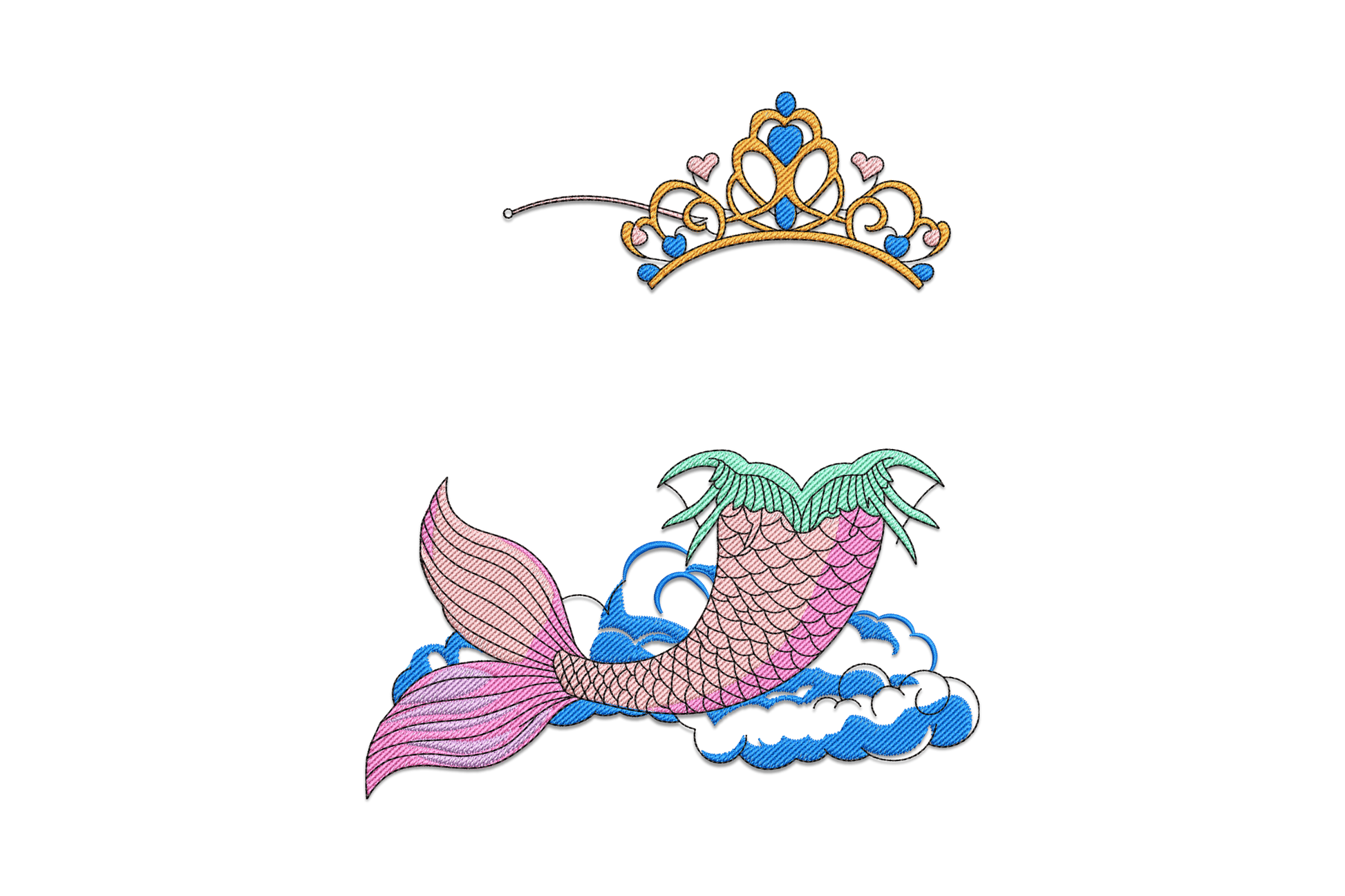 Mermaid tail with princess crown embroidery design, storybook style with aqua and teal scales, coral fins and gold crown detail