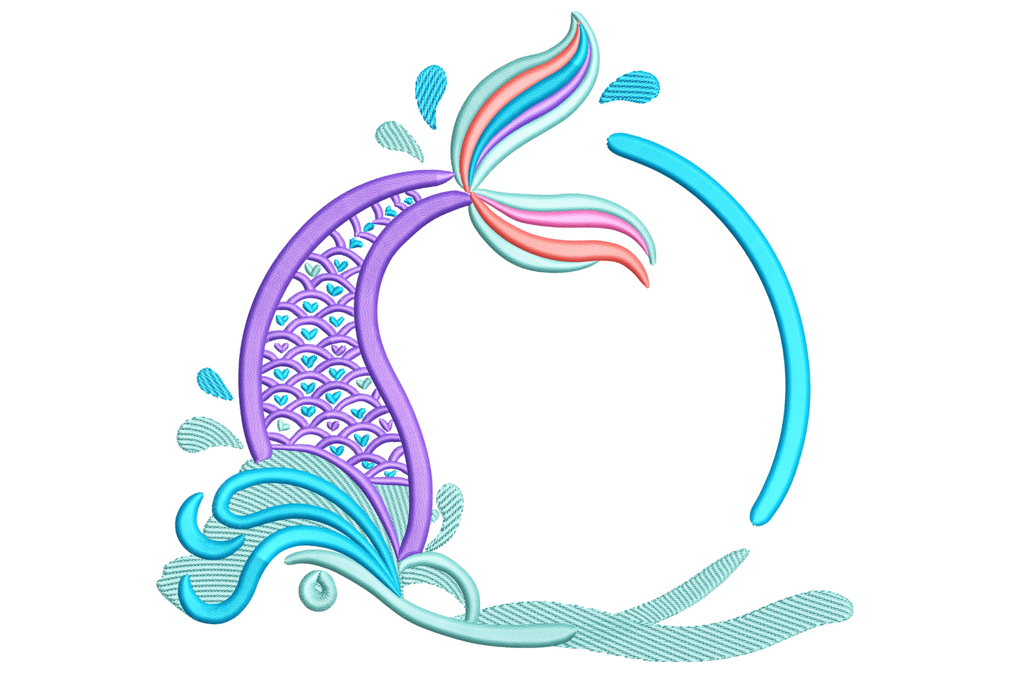 Mermaid tail splash embroidery design, purple tail with pink and teal fin inside a blue circle ring with water droplets