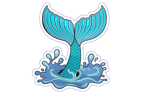 Mermaid tail splash embroidery with teal satin scales, cyan wave splashes and thick white sticker-style outline border.