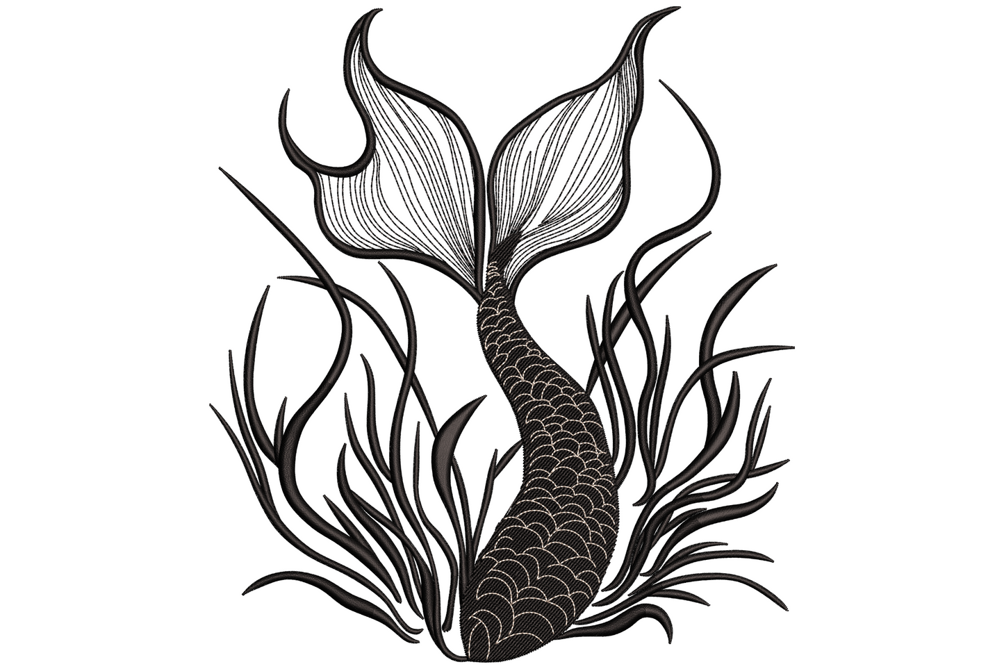 Mermaid tail embroidery design in jet black thread, scaled tail rising out of curling seaweed strands underwater.