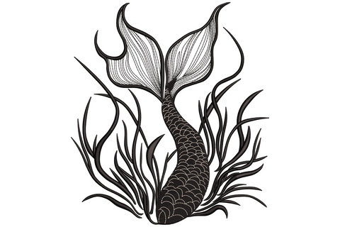 Mermaid tail embroidery design in jet black thread, scaled tail rising out of curling seaweed strands underwater.