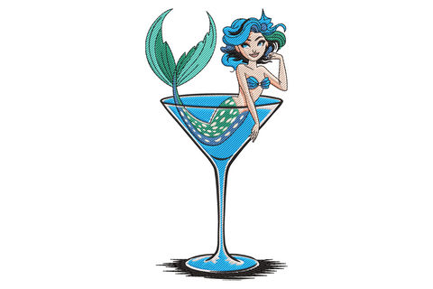 Embroidery of a blue-haired mermaid lounging inside a martini glass with aqua liquid and teal tail flicked over the rim.