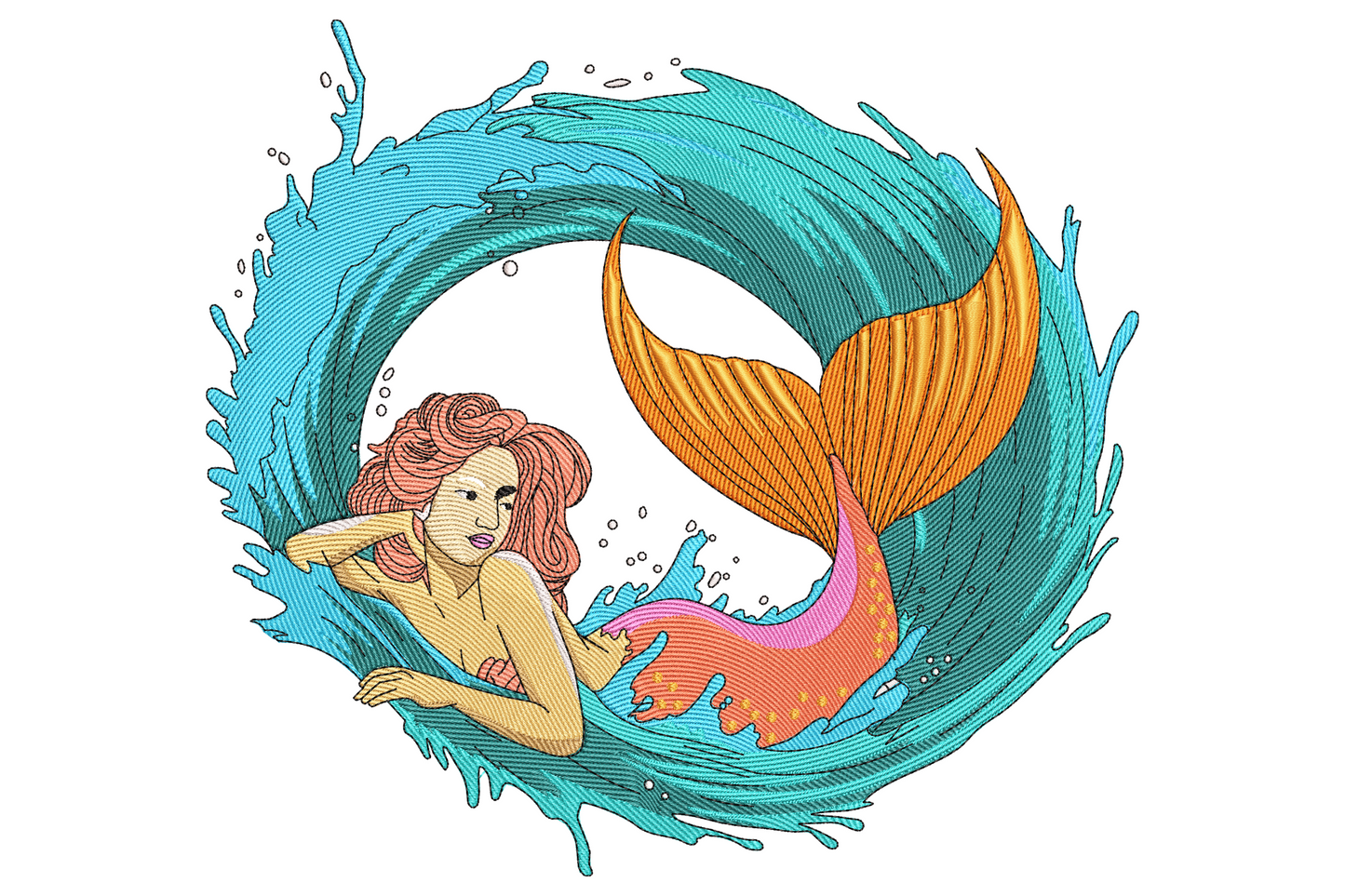 Mermaid in ocean wave embroidery design, flowing hair, scaled tail below waterline, curling teal water with white foam, coral skin tones, 14 colors.