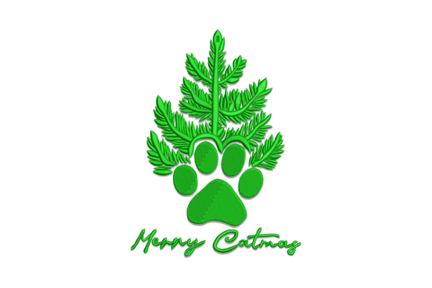 Merry Catmas embroidery design, fern frond Christmas tree on a cat paw print with Merry Catmas cursive text below, single dark green thread