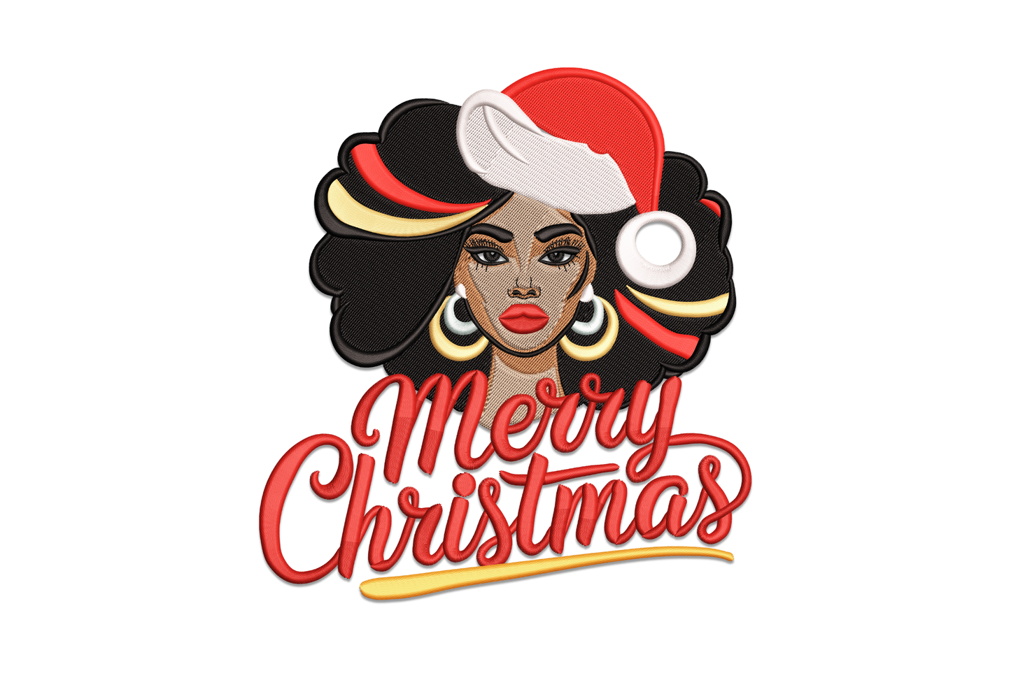 Merry Christmas African queen embroidery, Black woman portrait with natural afro, red Santa hat, teal earrings, dark red cursive script, 9 colors, 5 sizes
