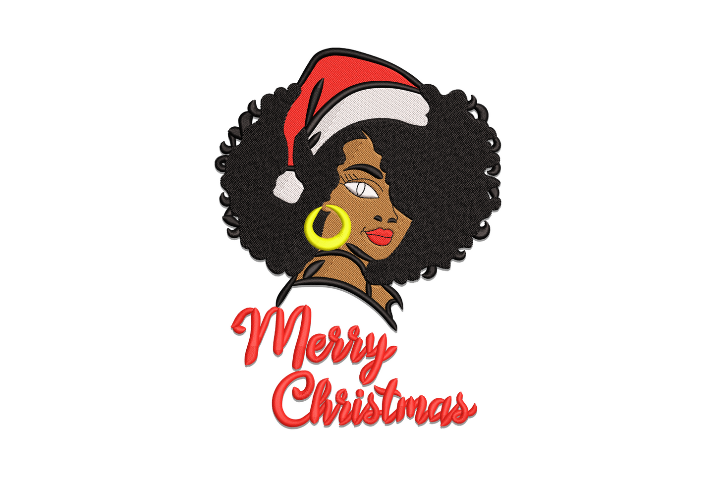 Merry Christmas afro girl embroidery, Black woman with natural afro, Santa hat, gold hoop earring and red script
