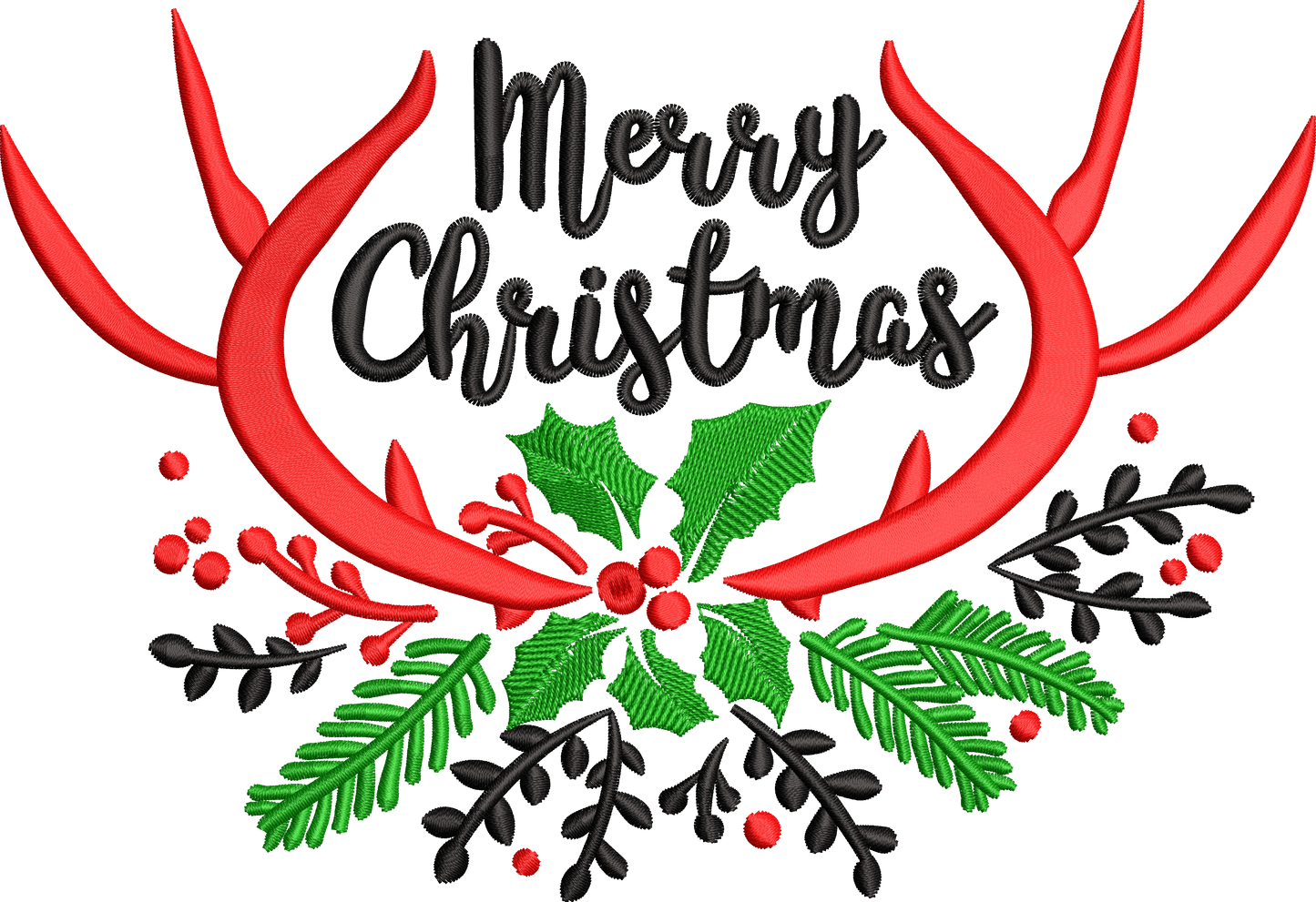 Merry Christmas antlers embroidery design with red satin antler arch, flowing black script text and dark green botanical holly cluster, 3 colours