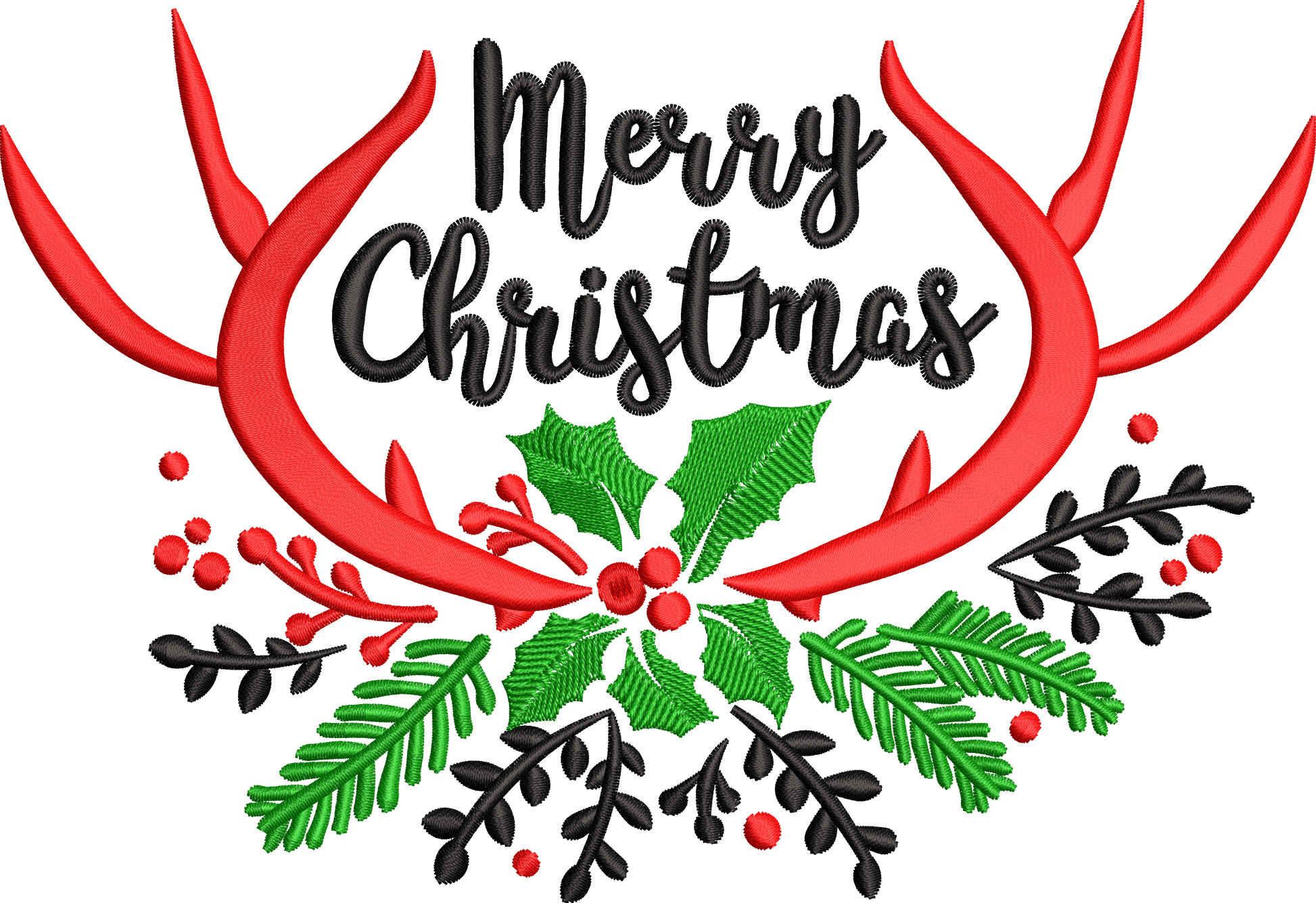 Merry Christmas antlers embroidery design with red satin antler arch, flowing black script text and dark green botanical holly cluster, 3 colours