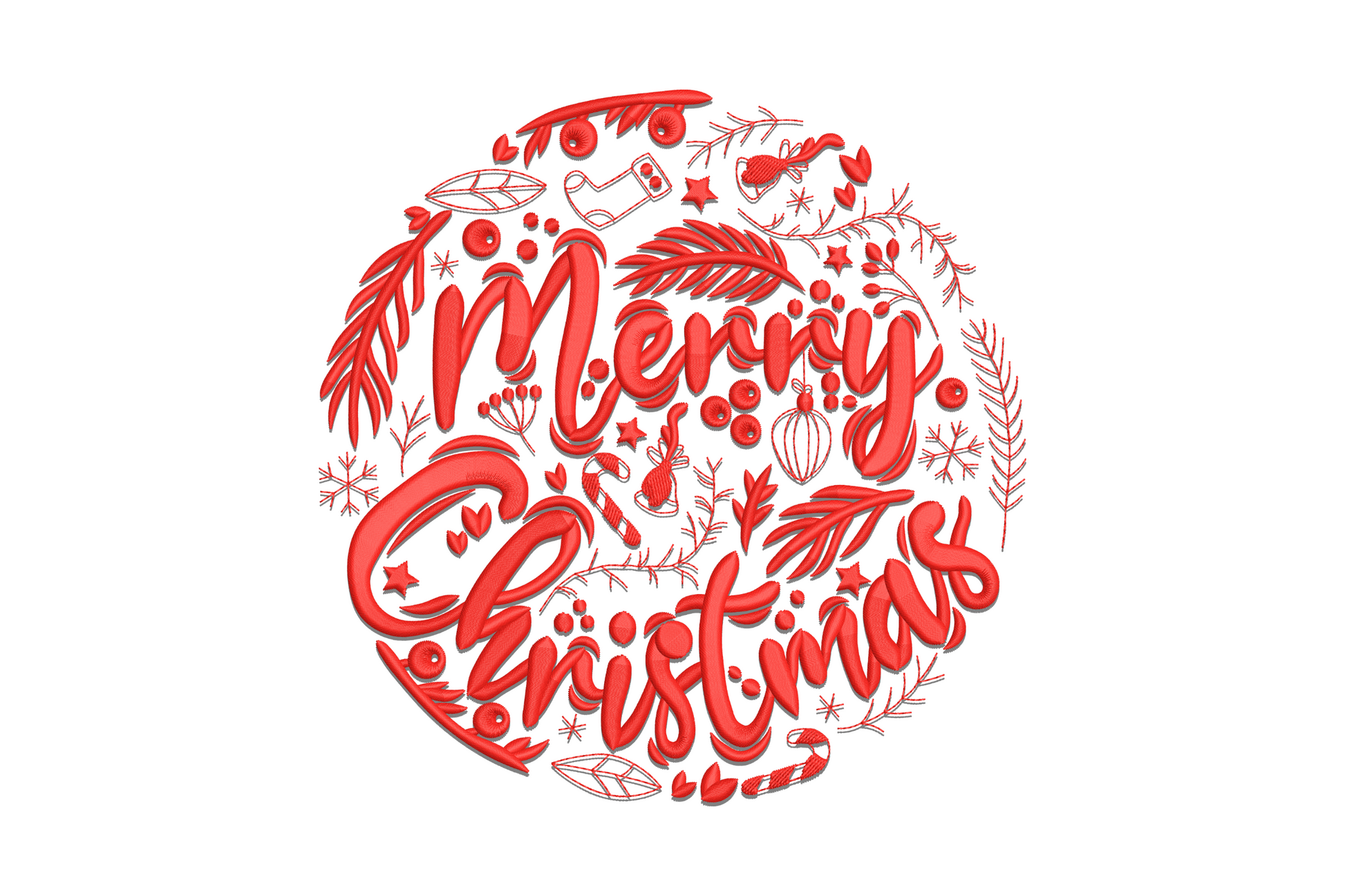 Merry Christmas circular typography embroidery, red script with candy canes, ornaments and snowflakes in a round ball shape
