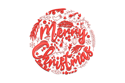 Merry Christmas circular typography embroidery, red script with candy canes, ornaments and snowflakes in a round ball shape