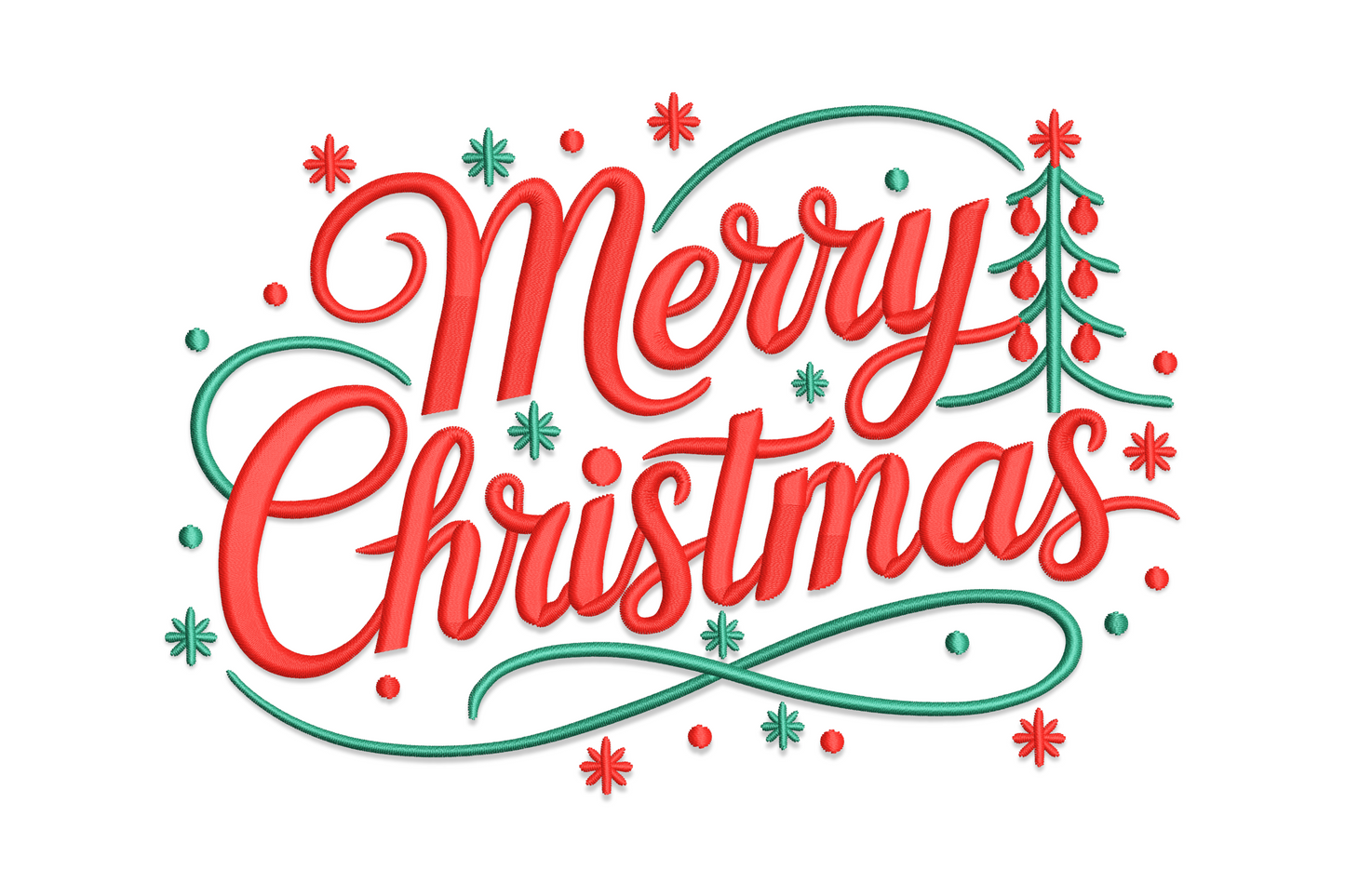 Merry Christmas embroidery in bold red cursive, green swirl flourish, scattered snowflakes and a small tree.