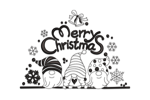 Three outline Christmas gnomes with striped hats below Merry Christmas script, single black thread, 5 sizes 3.5 to 7.5 inches, machine embroidery design.