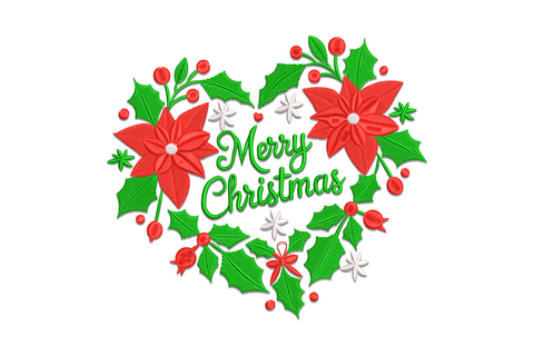 Merry Christmas heart wreath embroidery design with holly, poinsettia and script lettering in green, red and white.
