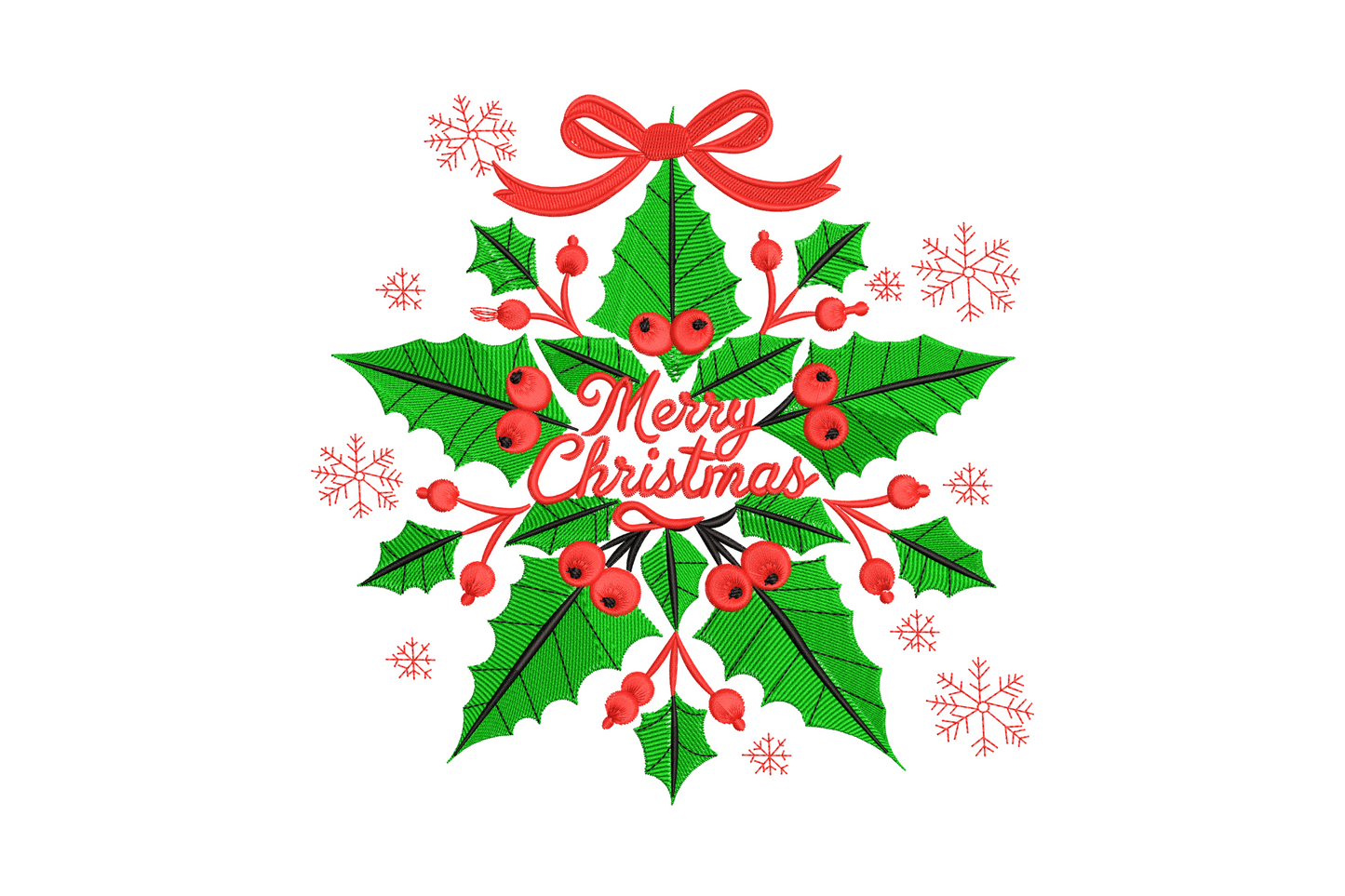 Merry Christmas holly wreath machine embroidery design with script text center, red bow, berry clusters and snowflakes, deep green satin leaves, 3 colors