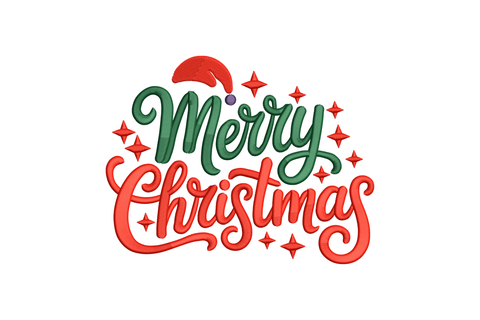 Merry Christmas text with festive colors and decorations embroidery design