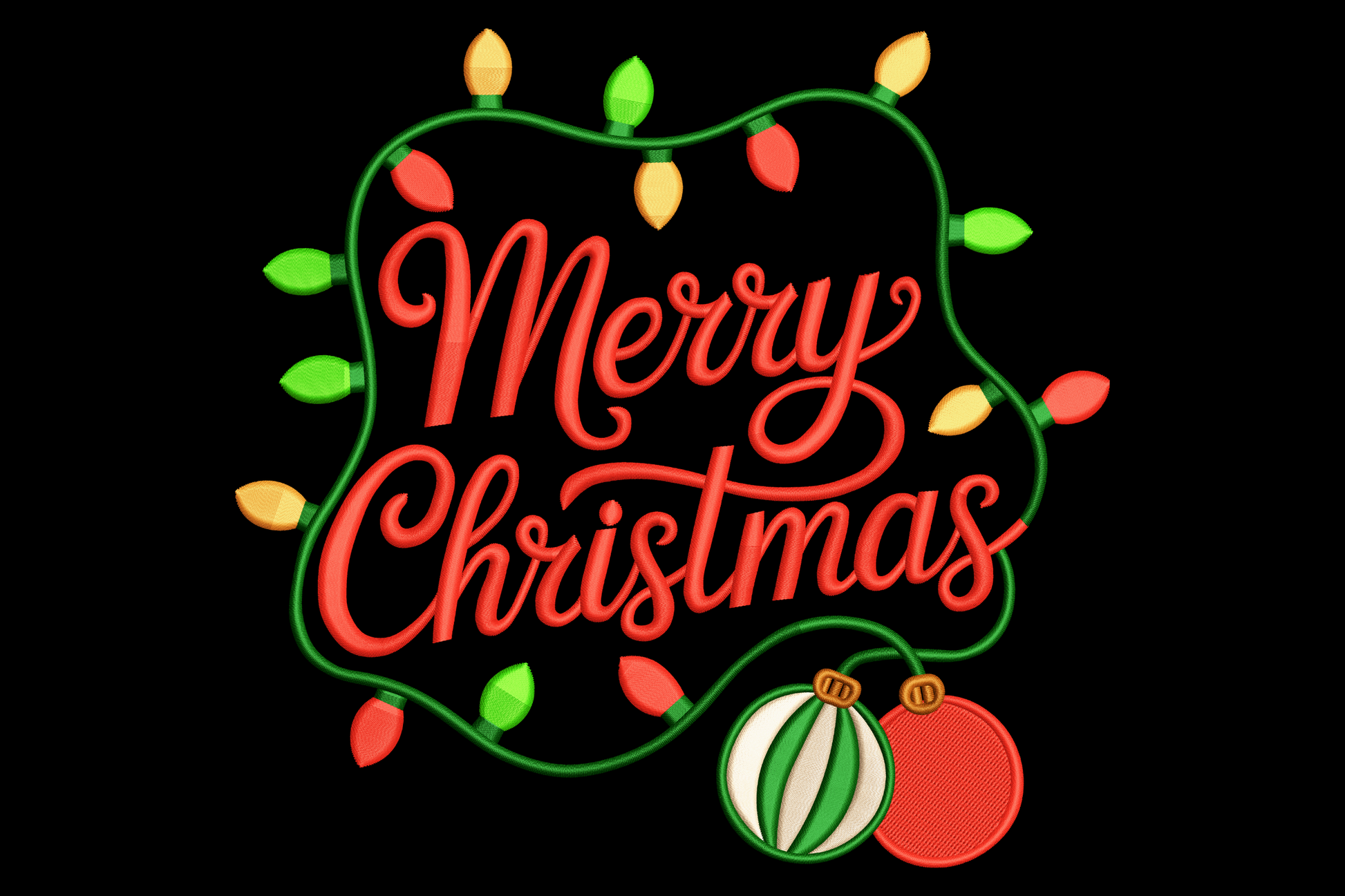 Merry Christmas lights embroidery design, holiday text with colourful string light bulbs draped around lettering, 6 colours, 3.5 by 3.36 inches, festive christmas machine embroidery.