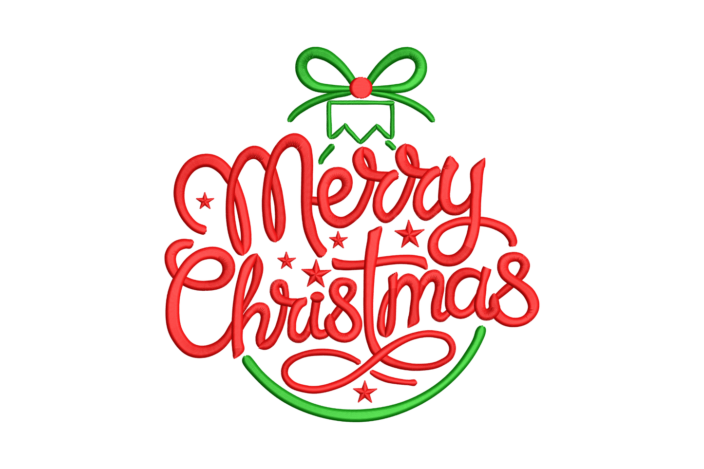Merry Christmas ornament script embroidery, bold red italic letters arranged in a bauble circle shape with green bow at top and star accents scattered through the lettering