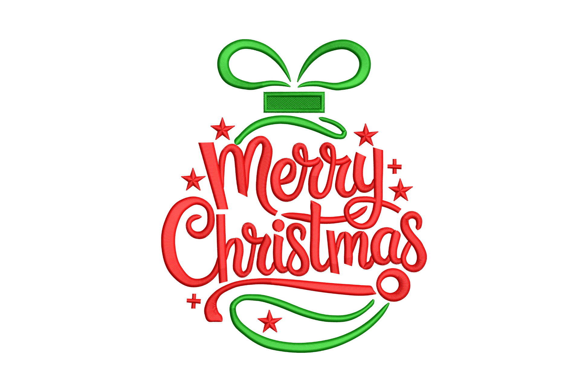 Round Christmas ornament machine embroidery design with red cursive Merry Christmas script, green bow and decorative swirl, in 2 colours on white background