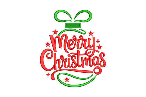 Round Christmas ornament machine embroidery design with red cursive Merry Christmas script, green bow and decorative swirl, in 2 colours on white background