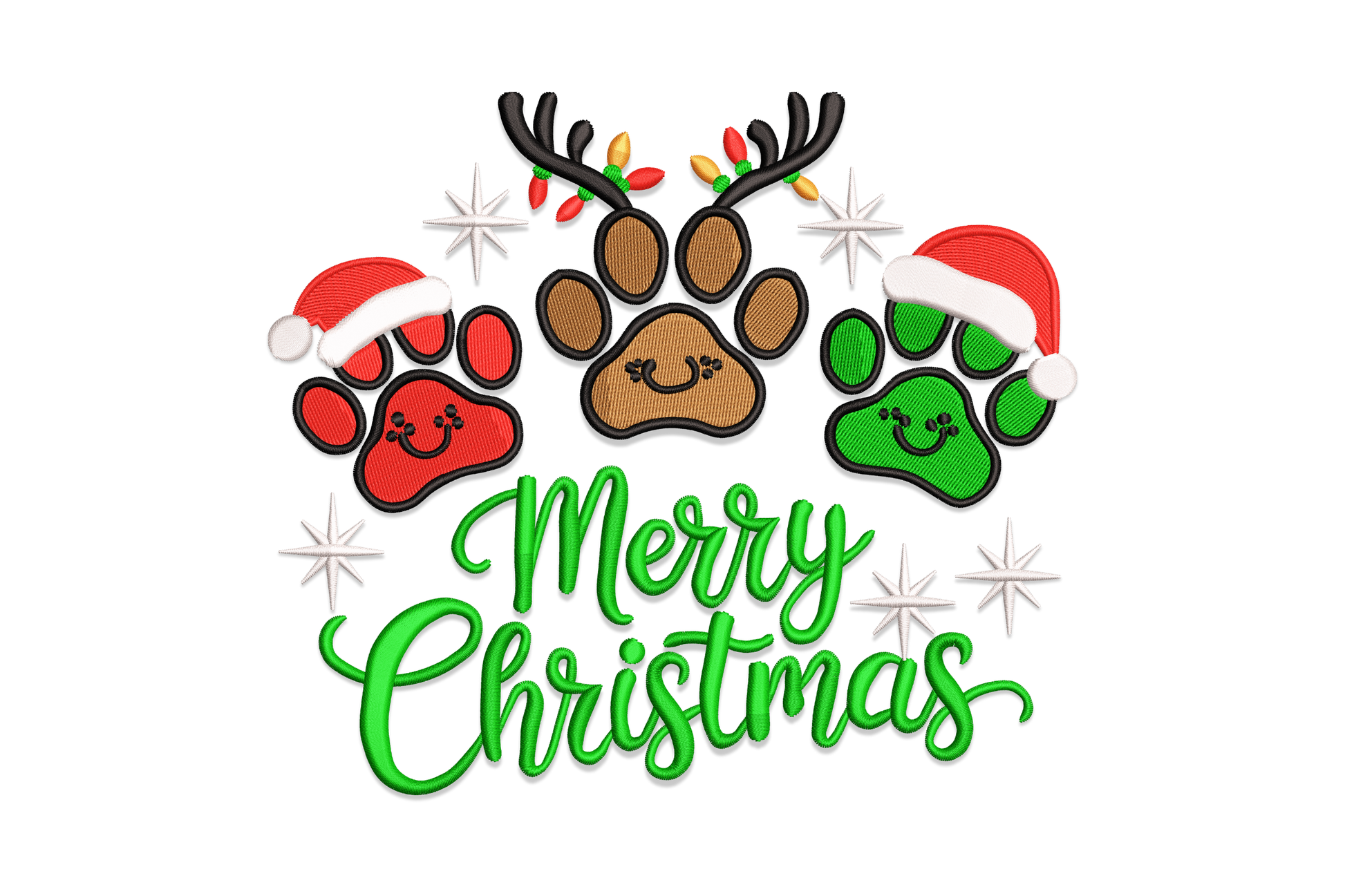 Merry Christmas paw prints embroidery design with three cartoon paws in red, brown, and green, each wearing holiday accessories, with script lettering below.