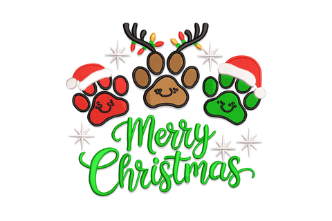 Merry Christmas paw prints embroidery design with three cartoon paws in red, brown, and green, each wearing holiday accessories, with script lettering below.