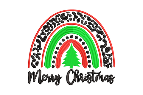 Boho Merry Christmas rainbow embroidery design with leopard print arch and Christmas tree, 3 colors, 5 sizes