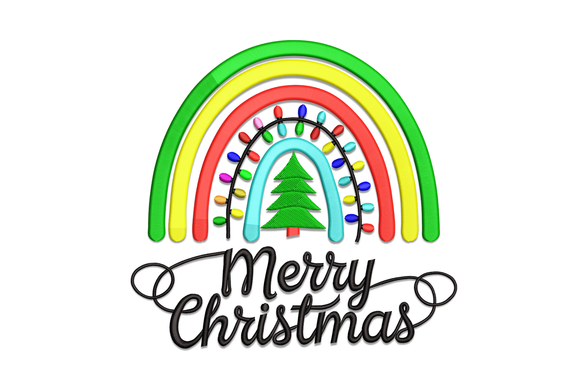 Merry Christmas embroidery design with rainbow string lights in red, orange, yellow, green, blue and purple bulbs arched below bold lettering.