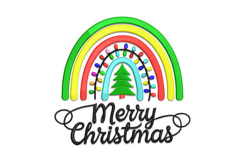 Merry Christmas embroidery design with rainbow string lights in red, orange, yellow, green, blue and purple bulbs arched below bold lettering.