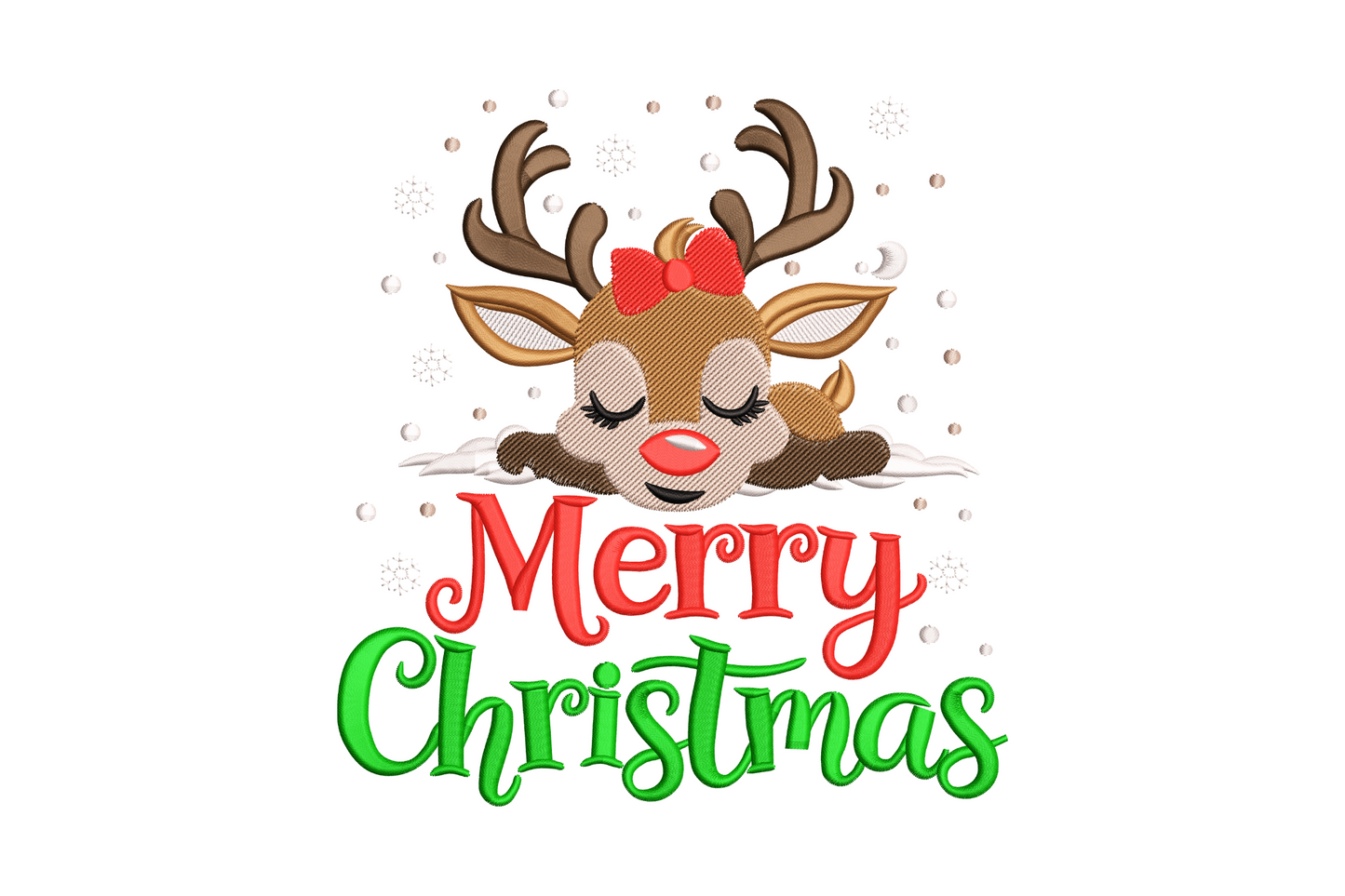 Merry Christmas reindeer embroidery design, female deer lying down with bow and Merry Christmas text, 7 colors sketch fill