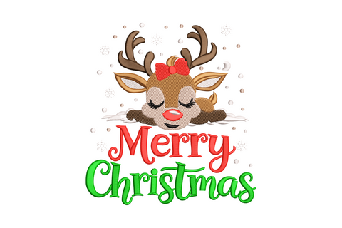 Merry Christmas reindeer embroidery design, female deer lying down with bow and Merry Christmas text, 7 colors sketch fill