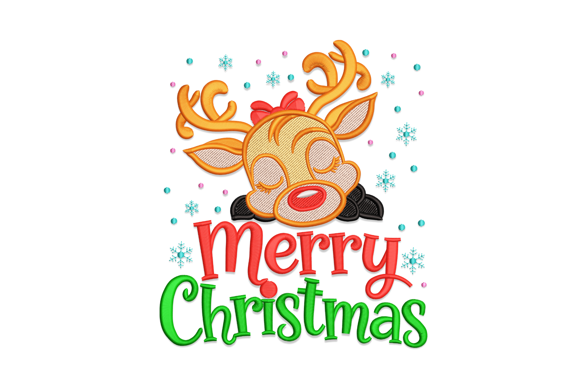 Cartoon reindeer peeking over a ledge, golden antlers, red bow, Rudolph nose, with Merry Christmas text below.